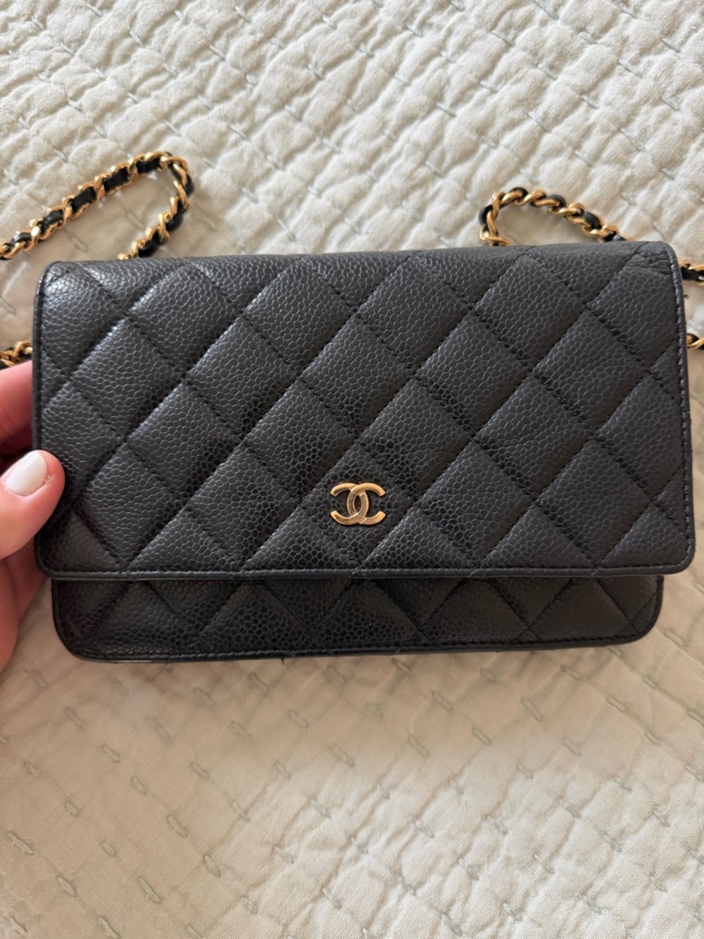 CHANEL Black Quilted Caviar Wallet-on-Chain with Gold Hardware Full Set